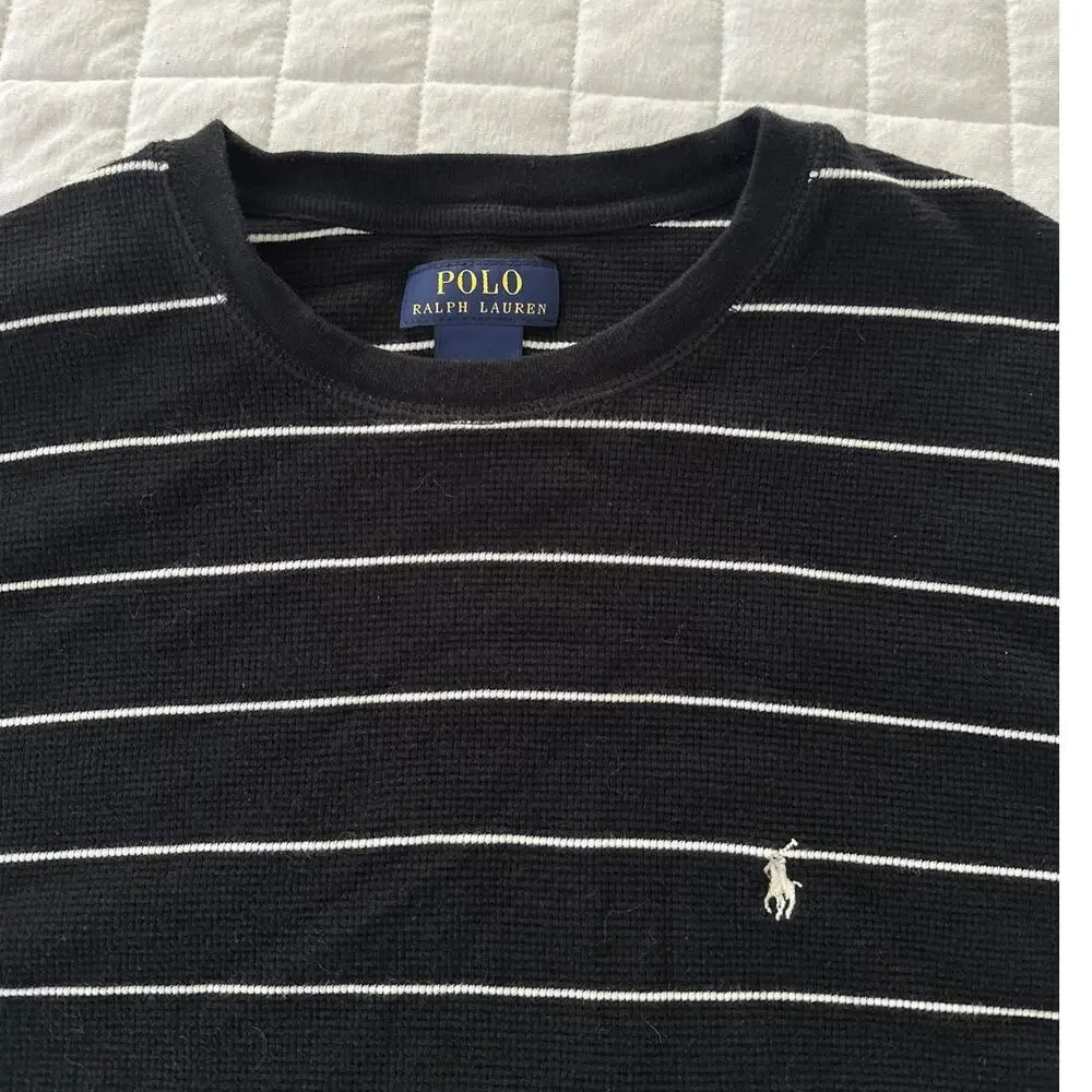 Polo Ralph Lauren Shirt Mens XL Black Striped Thermal Long Sleeve Waffle Weave